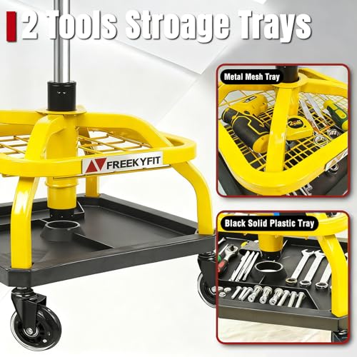 Image of Rolling Shop Stool with Wheels, Garage Work Mechanic Stool with Backrest, Roller Mechanic Chair, Adjustable Height, 360 Swivel, Tool Tray Storage, 330 LBS Capacity, Heavy Duty, Yellow