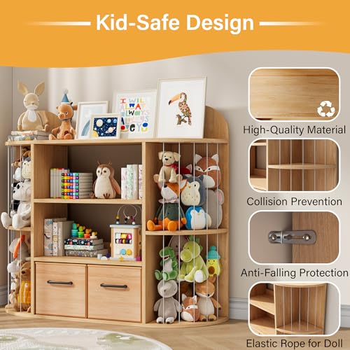 Saudism Wooden Stuffed Animal Storage Organizer with Elastic Ropes, 4-Tier Kids Toy Storage Shelf with 2 Removable Drawers, DIY Modular Toy Cabinet for Playroom, Nursery, Bedroom (Natural) - Image 5