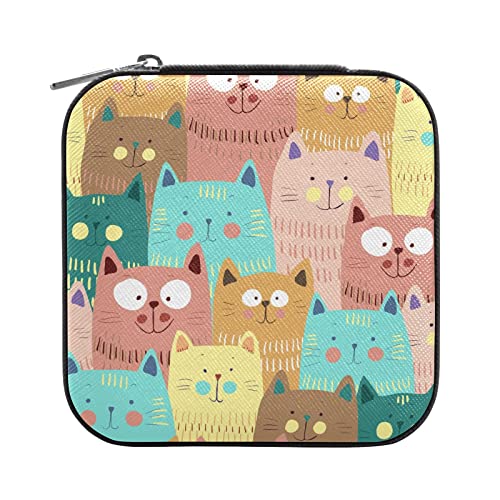 Quteprint Joyero de viaje, organizador de joyas con patrones coloridos de gatos, pequeño, portátil, para anillos, aretes, collares, pulseras, piel sintética, mini cajas de almacenamiento de joyas para