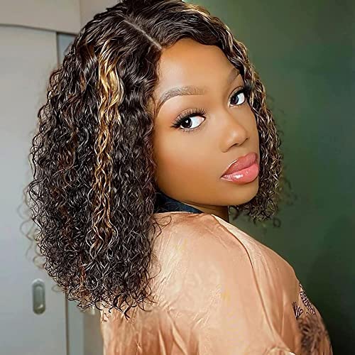 4/27 Highlight Bob Cut Wigs Ombre Colored Water Wave Curly Lace Front Wig Human Hair Pre Plucked Hairline With Baby Hair For Black Women 14 Inches 150% Density 13X6X1 T Part Wig YMSGIRL
