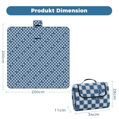 Oak & Tea Picknickdecke 200 x 200 cm, wasserdicht & isolierend, XXL Faltbare Strandmatte, Campingdecke, Outdoor-Teppich aus strapazierfähigem dreilagigem Oxford-Stoff für Camping, Picknick, Outdoor