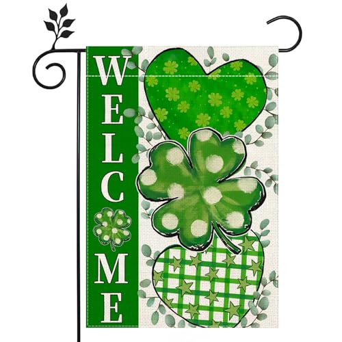 St. Patricks Day Garden Flag 12x18 Inch Double Sided for Outside Green Clover Heart Small Burlap welcome Holiday Outdoor Lawn Farm House Yard Flag Decor
