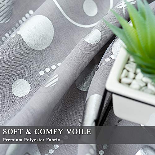 Kotile Grey Window Sheer Curtains - Metallic Silver Geometric Circle Dots Pattern Gray Grommet Curtain Panels 84 Inch Length Voile Drapes For Living Room, 52 X 84 Inch, 2 Panels, Grey And Silver #TOP6