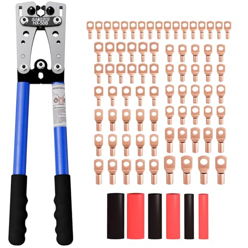 Sanuke Battery Cable Lug Crimping Tool for AWG10-1/0, Wire Crimper with 78pcs Copper Lug Ring Terminal Connectors, 110pcs Heat Shrink Tubing, Electrical Wire Crimping Tool Set