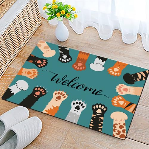 Cat Paws Welcome Indoor Door Mat,Resist Dirt Absorbent Entrance Mat,Anti-Slip,Rug for Entryway 17x29.5