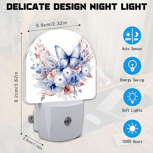 Image of Watercolor Butterfly and Flowers Night Light for Kids,Elegant Blue Floral Plug in Night Light with Dusk to Dawn Sensor, 0.5w Energy Saving Nightlight for Hallway Stairway Kitchen Bedroom