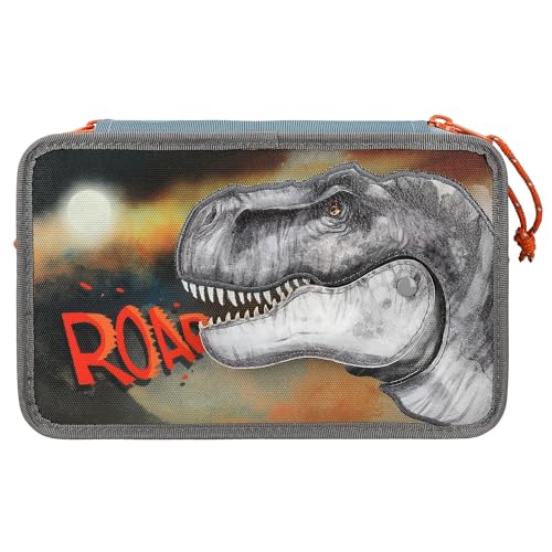 Depesche 11756 Dino World Roar - Estuche de 3 compartimentos con motivo de dinosaurio, estuche azul ahumado con lápices de colores, regla, tijeras y mucho más.