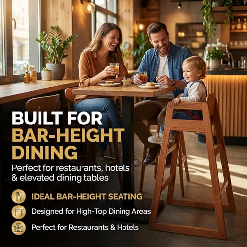Image of Walnut Wooden Bar Height Restaurant High Chair - Stackable Rubberwood Dining Chair for Bar Height Tables, Easy-Clean Finish, Commercial Restaurant Seating