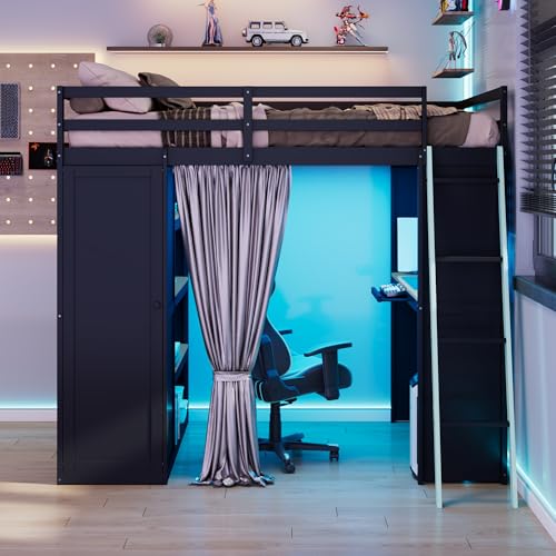 Image of Full Gaming Loft Bed with Wardrobe & Desk & Charging Station & RGB Light,Esports Wood Loft Bed Frame with Storage Shelves,Curtains and DIY Pegboard,Space Saving,No Box Spring Needed,Black Blue