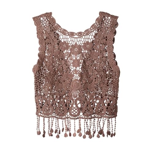 Image of Girls Crochet Vest Cardigan with Fringe V-Neck Sleeveless Boho Vest Hollow Out Cardigan