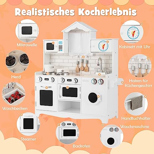 Foto von DREAMADE Kinderküche aus Holz, Spielküche mit Spielzubehör, Kinderspielküche mit Spüle Herd Backofen Mikrowelle Waschmaschine, Holzküche Spielzeugküche für Kinder ab 3 Jahren, 78 x 29 x 93 cm