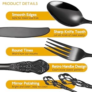 Gorgeous Retro Royal Black Silverware Set For 8,OIULO 40 Pieces Flatware Service 8,Stainless Steel Anti-rust Dark Fine Vintage Utensils Forks Spoons Knife,Antique Baroque Cutlery,Mirror Dishwasher Gorgeous Retro Royal Black Silverware Set For 8OIULO 40 Pieces Flatware Service 8Stainless Steel Anti rust Dark Fine Vintage Utensils Forks Spoons KnifeAntique Baroque CutleryMirror Dishwasher