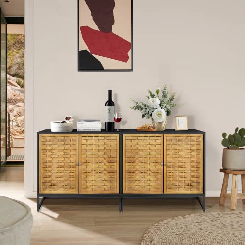 Farmhouse Storage Cabinet,Mid Century Storage Accent Cabinet With 4 Solid Wood Door,Freestanding Sideboard Buffet Cabinet Wood Frame With Metal Legs For Kitchen Hallway Entryway Living Room,Brown #TOP12