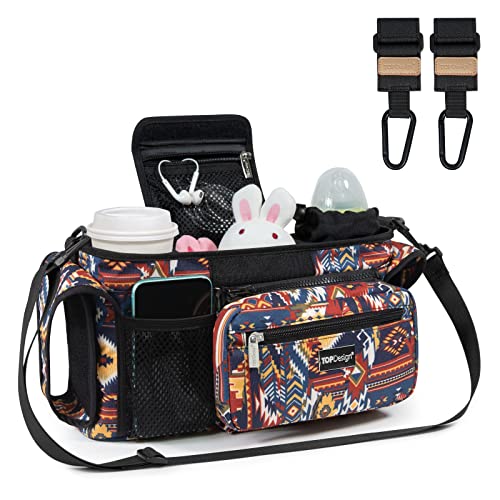 TOPDesign Universal Baby Stroller Organizer, Stroller Caddy with Heightened Insulated Cup Holders & Non-Slip Secure Hooks Accessories, Fits Most Strollers, Machine Washable (Indian)