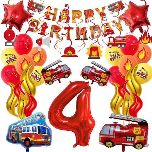 Decoração de aniversário infantil do departamento de bombeiros, decoração de aniversário do departamento de bombeiros de 4 anos, 42 peças inclui banner, balão de camião de bombeiros, balões de chama