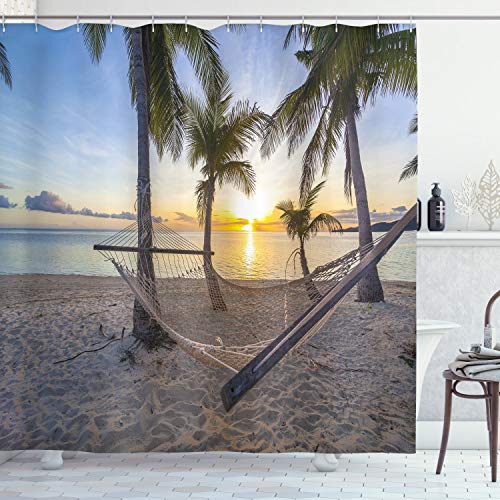 ABAKUHAUS Tropisch Duschvorhang, Paradise Beach Palms, Stoffliches Gewebe Badezimmerdekorationsset mit Haken, 175 x 220 cm, Blau Mehrfarbig