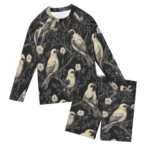 Halloween Bird Floral Boys Swimsuit Rash Guard Toddler Kids Long Sleeve Swim Shirt and Trunks Swimwear Set 3-10Y