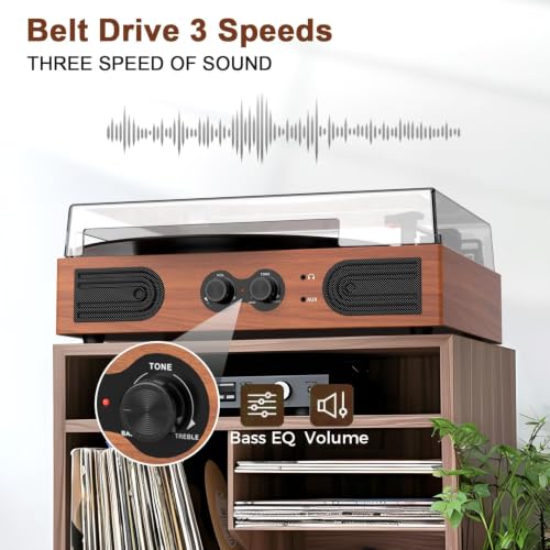 Image of Vinyl Record Player with Speakers,Bass Control, 3 Speed Bluetooth Turntable
