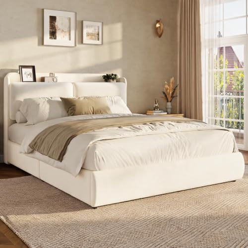 Image of Garvee Chenille Fabric Full Size Bed Frame with Recessed Shelf- Beige