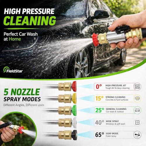 Image of Fieldstar Pressure Washer Nozzle Kit with Connector (5 Spray Nozzles), M22 to 1 /4 inch Quick Connect, High Pressure Car Wash Spray, Fits Most Car Washer Pipes