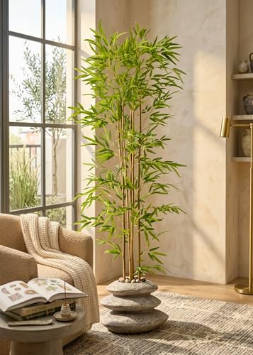 Image of Artificial Single Bamboo Plant Stem, Realistic Faux Bamboo Stick with Natural Leaves, Decorative Indoor Greenery for Home, Office, Hotels, DIY Arrangements & Interior Decoration