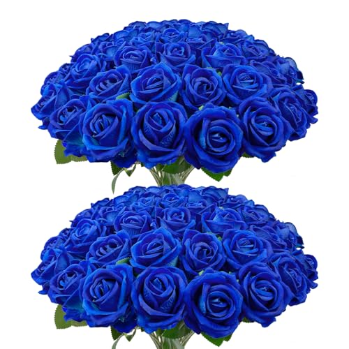 50 PCS Bulk Royal Blue Artificial Flowers Fake Velvet Blue Roses W/ Stems