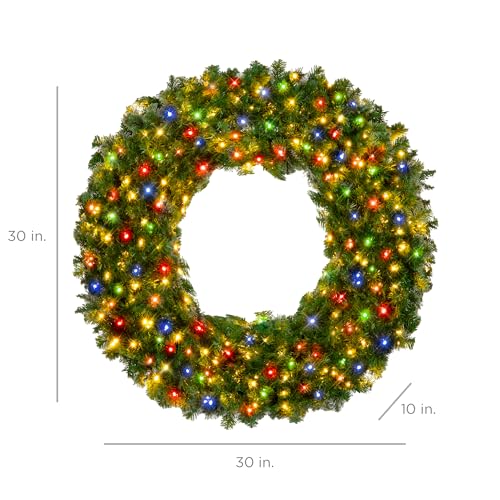 Image of Best Choice Products 30in Large Artificial Pre-Lit Fir Christmas Wreath Holiday Accent Decoration w / 100 Multicolor Lights, 220 PVC Tips