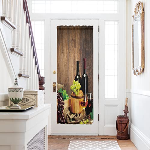 Rod Pocket French Door Curtain, Kitchen Door Panels Wine Glasses Barrel And Fruit Grapes Light Filtering Room Divider Curtain Cover Curtains For Windows Wooden Texture (Tie-Back Included, 1 Panel) #TOP23
