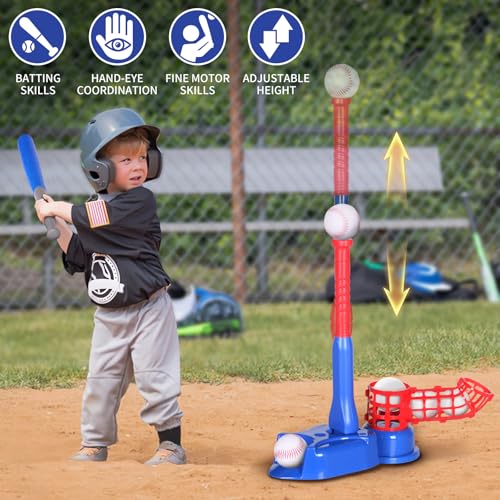Exergoo-4-in-1-T-Ball-Set-Height-Adjustable-Tee-Ball-Set-with-6-Baseballs-Kids-Baseball-Tee-for-4-8Indoor-Outdoor-Sports-Toys-for-Boys-BlueTball-BatBatting-TeeHanging-TeePitching-Machine Exergoo 4 in 1 T Ball Set Height Adjustable Tee Ball Set with 6 Baseballs Kids Baseball Tee for 4 8Indoor Outdoor Sports Toys for Boys BlueTball BatBatting TeeHanging TeePitching Machine