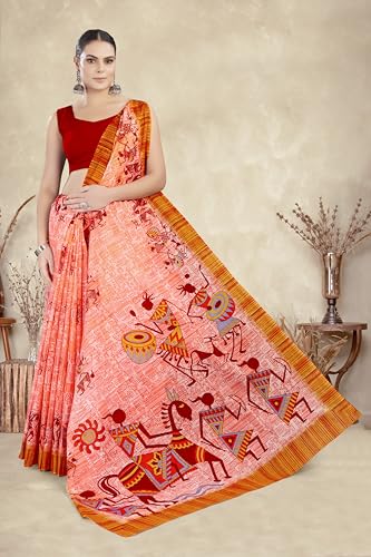 Tamaira Fashion Women's Warli Printed Pure Cotton Mulmul Saree Without Blouse Piece(Ab38_Orange)