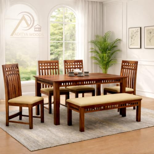 Image of AADITYA WOODS Sheesham Wood 6 Seater Dining Table Set with Chairs & Bench for Living Room Home | Wooden Dining Table Set for Office Restaurant Dining Room Set-57x35x30 inch (Honey kB1, 6 Seater)