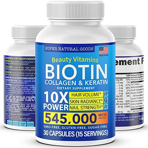 Biotin Collagen Supplements with Keratin Peptides - Hair Growth & Hair Loss Treatment for Men & Women - Hair, Skin, Nails Vitamins - Maximum Strength 545000mcg Supplement Pills - Nail & Skin Capsules