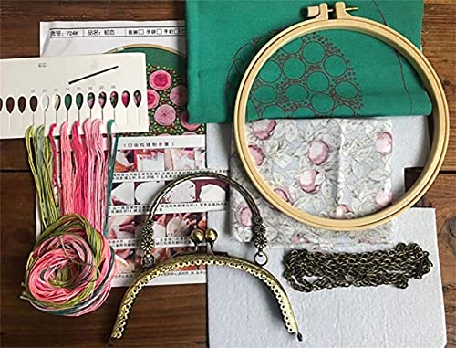 Image of Gogobear Embroidery Coin Purse Kits for Beginners Handmade DIY Clutch | Included Embroidery Cloth Bag /Chain /Craft Stamped /Hoops Threads, Friend Gifts, Retro Vintage Style
