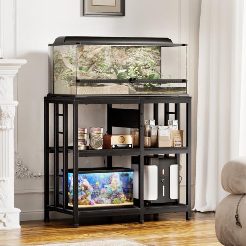 Image of 20-29 Gallon Fish Tank Stand with Power Strip, 3-Tier Metal Aquarium Stand, 31.5 inch L x 16.5 inch W for 20 Gallon Long Aquarium, 400 lbs Capacity, Black