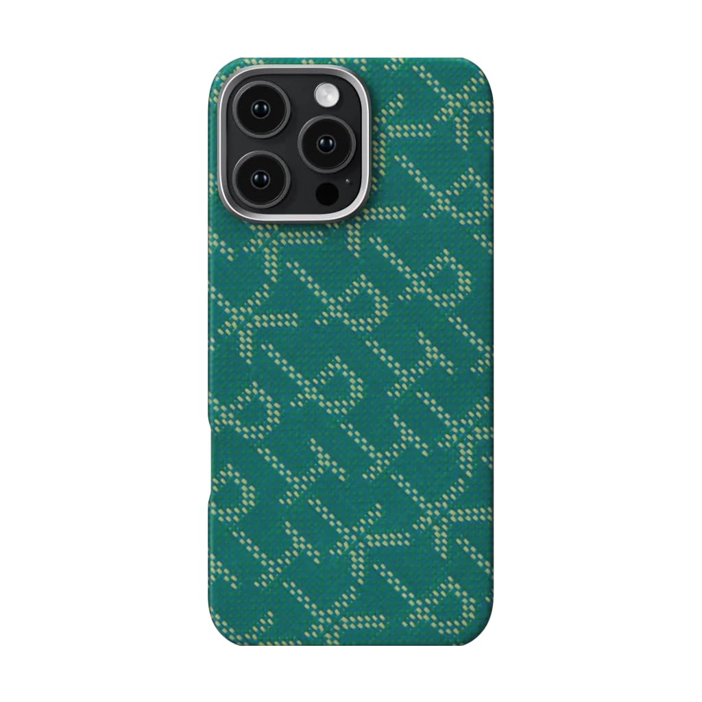 Pitaka for iPhone 16 Pro Case Compatible with MagSafe, Thin & Light Case iPhone 16 Pro with a Caseless Feel, Aramid Fiber Woven [Monogram Tactile Woven Case] (Green/Gold)
