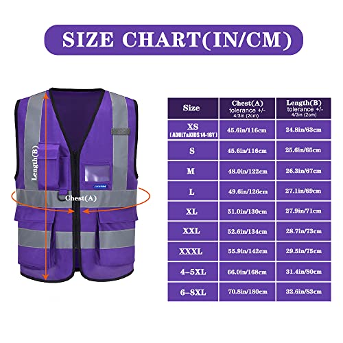 Image of High Visibility Reflective Vest with 7 Pockets, Zipper, Purple, S | Purple S work vest with clear ID holder, mic tabs and reflective strips for material handling and specialty contractors.