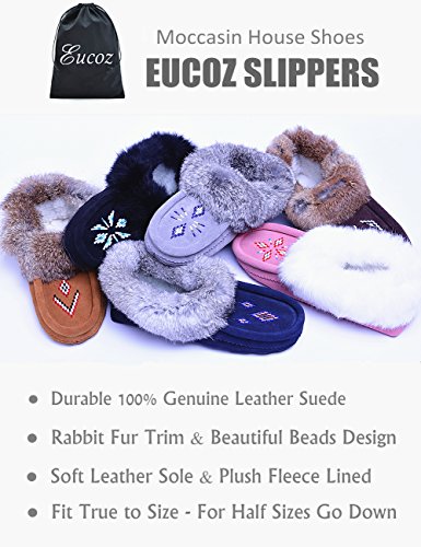 Women Moccasins Indoor Slippers of Soft Sole Fleece Lined Rabbit Fur Trim3