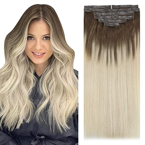 Sunny Seamless Hair Extensions Clip in Ombre Brown to Blonde Clip in PU Hair Extensions Light Brown Ombre Platinum Blonde Clip in Balayage Extensions Invisible Hair 7pcs 14inch