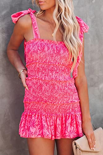 Image of Hotmiss Womens Ruffle Smocked Mini Dress Sleeveless Floral Print Summer Tiered Tie Slim Fit Short Dresses