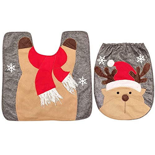 Chedin Toilettensitzbezug Weihnachten WC Sitz Cover Teppich Weihnachtsdeko Toilette Dekorationen Weihnachtsmann Schneemann Elch Toilettenvorleger Set 2 Stücke (Elch) – Bild 4