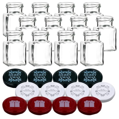 gouveo 12er Set Einmachgläser 150 ml mit Schraubverschluss Weihnachten Set 1 - Eckige Gläser mit farbigen Motiv-Deckel - Schraubglas für Weihnachten