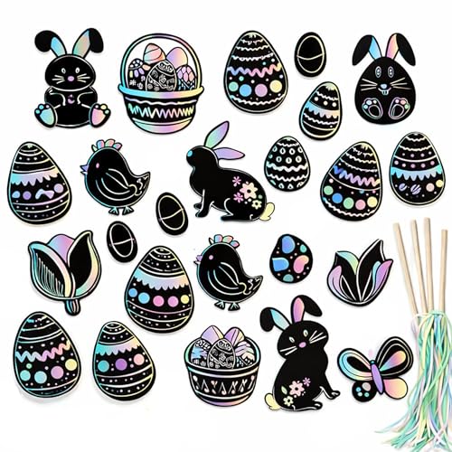 Iconikal 48-Count Easter Scratch Paper Ornaments Art & Craft Bulk Pack with 24 Sticks Pastel Colored Underlayer