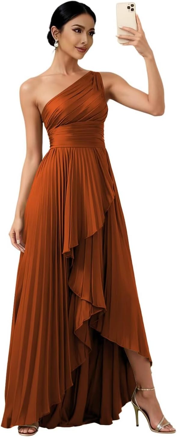 Women's One Shoulder Bridesmaid Dresses with Slit for Wedding Pleated Satin High Lo...