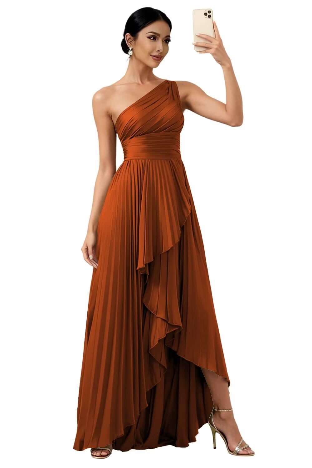 Womens One Shoulder Bridesmaid Dresses with Slit for Wedding Pleated Satin High Low Long Formal Evening Dress
