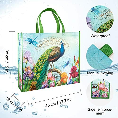 NymphFable 4 Pack Tote Bag Reusable Peacock Shopping Bags Washable Foldable Eco Friendly Large Grocery Bags