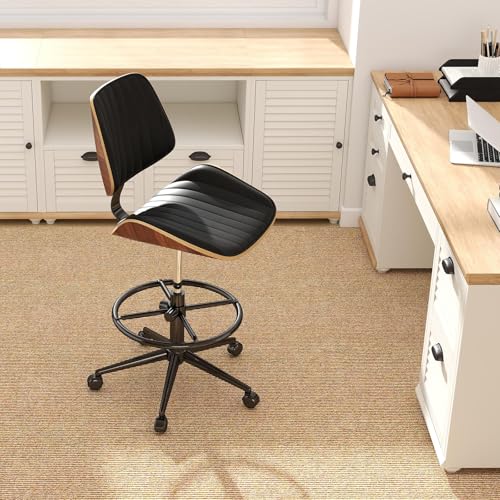 Image of Drafting Home Office Chair, Swivel Desk Chair with Bend Wood Backrest, Ergonomic Office Chairs with Adjustable Height and Footrest Ring for Bar Lab Counter Height Desk and Drawing (Blcak)