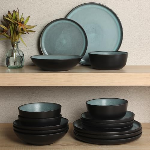 Gibson Elite Tribeca Loft 16-Piece Dinnerware Set – Matte Black and Green Reactive Glaze Stoneware, Double Bowl Round Plates and Bowls – Modern Rustic Tableware for 4, Dishwasher & Microwave Safe by Gibson Elite - Image 6