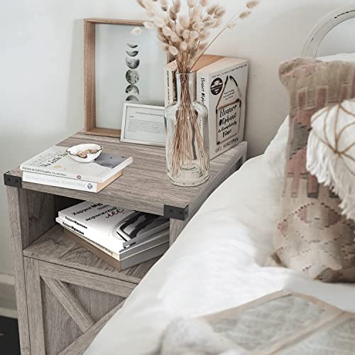 Farmhouse Nightstand, End Table, Side Table, Set Of 2 End Table With Barn Door And Shelf, Modern Bed Side Table End Table, Rustic Nightstands Set For Bedroom, Living Room, Set Of 2, Grey Wash #TOP3