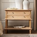 HULALA HOME Farmhouse Nightstand with Drawer & Open Shelf, Natural Wood End Table with Solid Wood Legs, 28.4'' Wide Sofa Side Table with Charging Station(Oak)