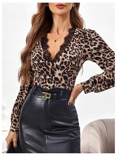 SweatyRocks Women's Long Sleeve Shirt Lace Trim V Neck Slim Fit Leopard Print Top4